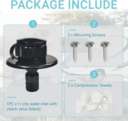 RV City Water Inlet Connection with Check Valve, RV City Water Fill Inlet for RV Camper Motorhome Trailer Marine, RV Water Flange Inlet Replacement (Black)