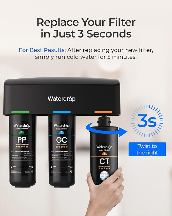 Waterdrop WD-10CT Water Filter Replacement for Waterdrop TSA & TSB 3-stage Under Sink Water Filter System, 12-18 months Under Sink Water Filtration System, 1 Pack