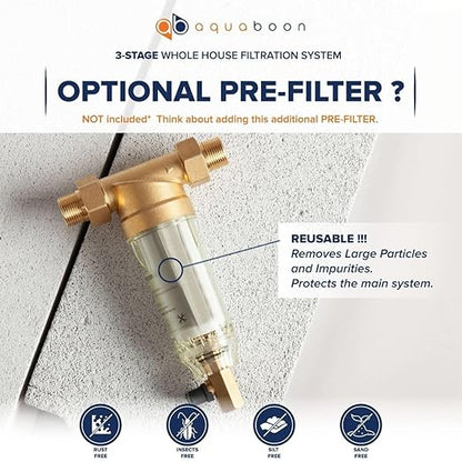 Aquaboon 3-Stage Whole House Water Filtration System with 5 Micron 10x4.5 Reducing Sediment, KDF Heavy Metals and Carbon Chlorine Reduction Water Filter Purification Cartrige, Pressure Gauges, Wrench