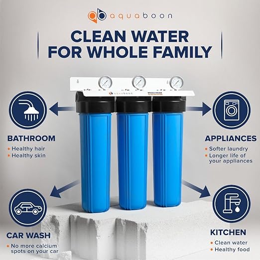 Aquaboon 3-Stage Whole House Water Filter System with 5 Micron 20x4.5 House Water Purification Reducing Sediment and Odors, Carbon Chlorine Reduction Filter (CTO), Pressure Gauge, Wrench, Bracket