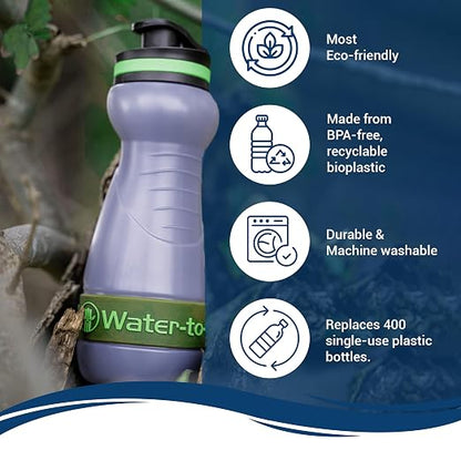 Water-to-Go Travel Water Filter Bottle, 18.5oz/55cl | Compact Filtered Water Bottle for International Travel, Removes Viruses, Eco-Friendly Bioplastic, New Leakproof Lid