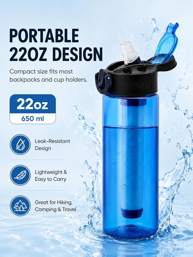 22oz Water Filter Bottle, Portable Outdoor Filtered Water Bottle with Multi-Layer Filtration, Improves Taste & Reduces Odor, BPA-Free Reusable Bottle for Hiking, Camping & Travel (Blue)