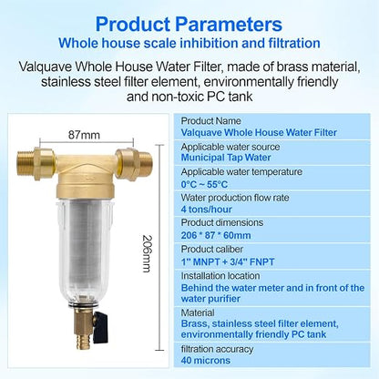 Whole House Water Filter, 40-50 Micron Spin Down Sediment Prefilter System, 1" MNPT + 3/4" FNPT,BPA-Free Lead-Free Heavy Duty Brass
