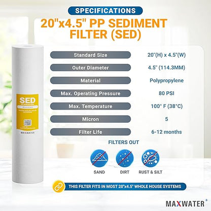 20" 1 Stage Whole House Water Filter System 1" Ports Double O Ring Clear Filter Housing + Gauge w/ 5-Micron Polypropylene Sediment Water Filter Good for RV (1 Stage Sediment 5 Micron)