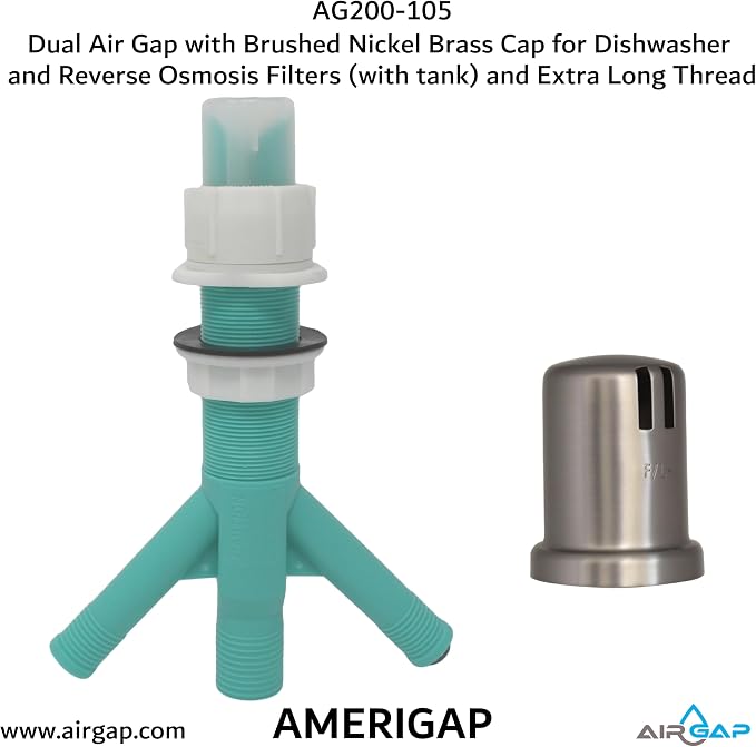 Dual Air Gap with Brushed Nickel Brass Cap for Dishwasher and Reverse Osmosis Filters (with tank) and Extra Long Thread (AG200-105, AG200-X05, AMERIGAP)