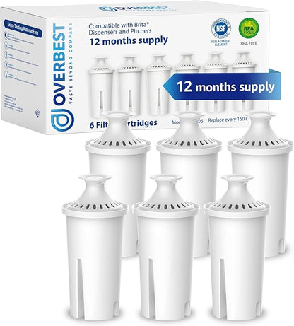 Overbest NSF Certified Pitcher Water Filter, Replacement for Brita® Pitchers and Dispensers, Brita® Classic 35557, OB03, Mavea® 107007, and More, Includes 6 Filters