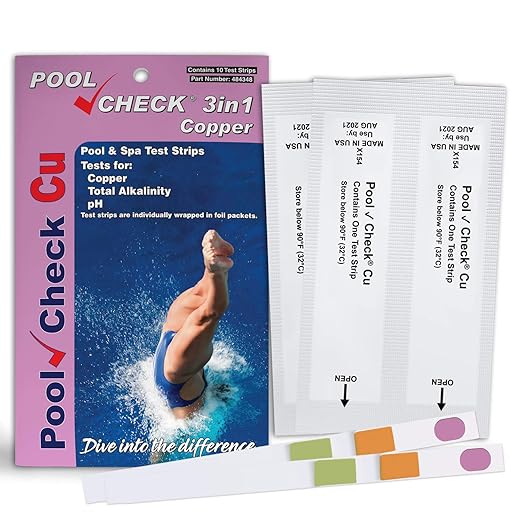 Industrial Test Systems 484348 Pool Check Copper 3in1 Pool & Spa Test Strips 10 Individually Wrapped Test Strips in Pocket Pack Test Copper, Alkalinity & pH Ideal for Ion Sanitizer Systems