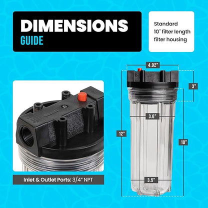 Cold Plunge Water Filter System, 10" Housing with 3/4" NPT Ports, 1×50 Micron Pleated Filters, Mounting Kit & Wrench, Inline Sediment Filtration for Ice Baths, Whole House, Pool or Spa Use