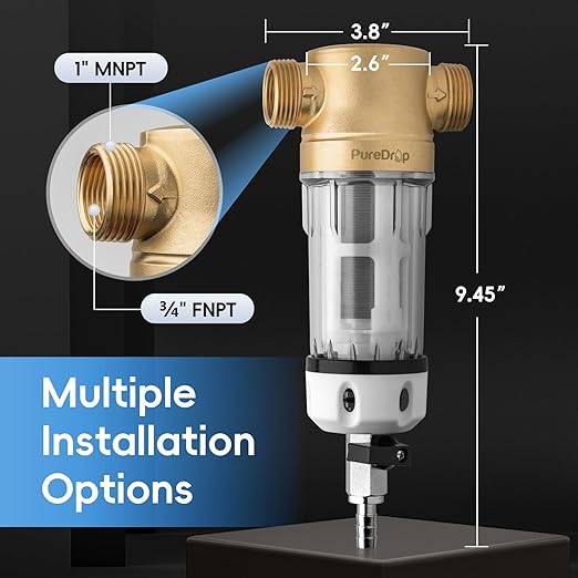 PureDrop PDR-50WSP Spin Down Sediment Filter, Reusable Whole House Sediment Water Filter for Well Water, 50-Micron Flushable Prefilter Filtration System with Scraper, 1" MNPT + 3/4" FNPT