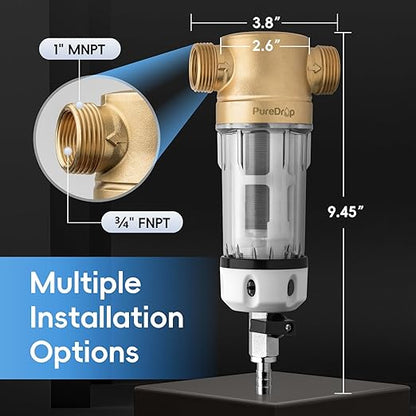 PureDrop PDR-100WSP Spin Down Sediment Filter, Reusable Whole House Sediment Water Filter for Well Water, 100-Micron Flushable Prefilter Filtration System with Scraper, 1" MNPT + 3/4" FNPT