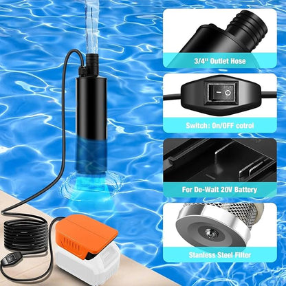 Compatible Transfer Pump for Dewalt 20V Battery, 500GPH Portable Water Pump with Sediment Filters, for Pool/Garden/Pond/Deep Well Draining (Tool Only, No Battery)
