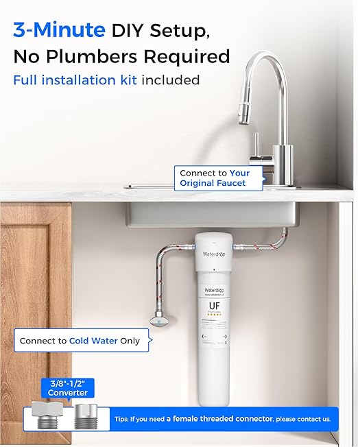 Waterdrop 15UAW-UF 0.01 μm Ultra Filtration Under Sink Water Filter System, 2 Years, Reduces Lead, Chlorine, Bad Taste & Odor, Direct Connect to Kitchen Faucet，No TDS Reduction