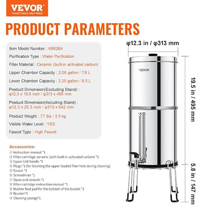 VEVOR Gravity-fed Water Filter System, 2.25G 304 Stainless-Steel Countertop Water Filtration System, Reduces Lead and up to 99% of Chlorine, with 2 Ceramic Carbon Filters, Water Level Spigot, Stand