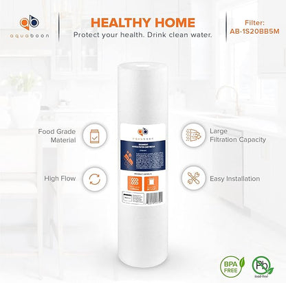 Aquaboon 5 Micron 20 x 4.5 Whole House Water Filter Replacement Cartridge Set: Sediment, Iron & Manganese, CTO for 3-Stage Water Filtration System 2 Pack