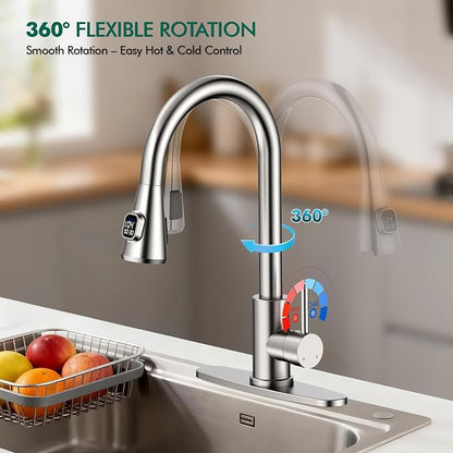 HOMELODY LED Temperature Display Kitchen Faucet with Pull Down Sprayer - Brushed Nickel Single Handle Kitchen Sink Faucet, High Arc Stainless Steel Design for RV Laundry Farmhouse Bar
