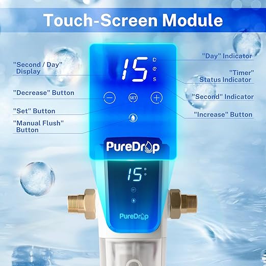 PureDrop PDR-ARB100WSP Spin Down Sediment Water Filter, Auto Flushing Module with Touch-Screen, Reusable Whole House Sediment Filter for Well Water w/Scraper, 100-Micron Prefilter Filtration System