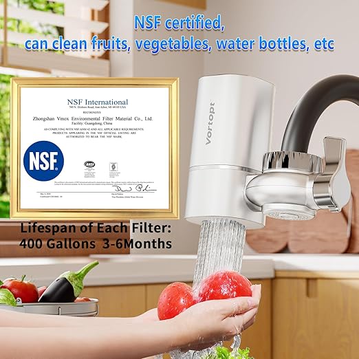 Vortopt Faucet Water Filter for Sink, Rapid Flow - 400 Gallons Faucet Mount Water Filtration System for Tap Water, NSF Certified Reduces Chlorine & Bad Taste with 1 Replacement (White-T1-1Filter)
