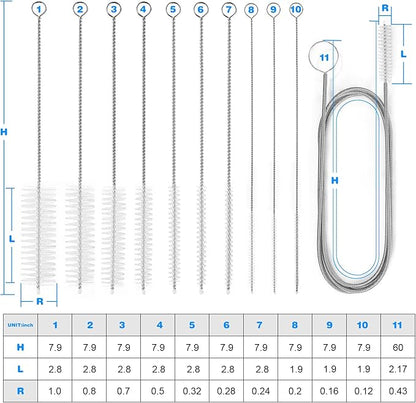 Ixiaoyoo Cleaning Brushes Set, 10 Pieces 8 Inch Nylon Tube Brush + 60 Inch Flexible Long Drain Brush, Hose Pipe Brush, Suitable for Home Kitchen, Bathroom, Fish Tank, Water Pump Accessories (White)
