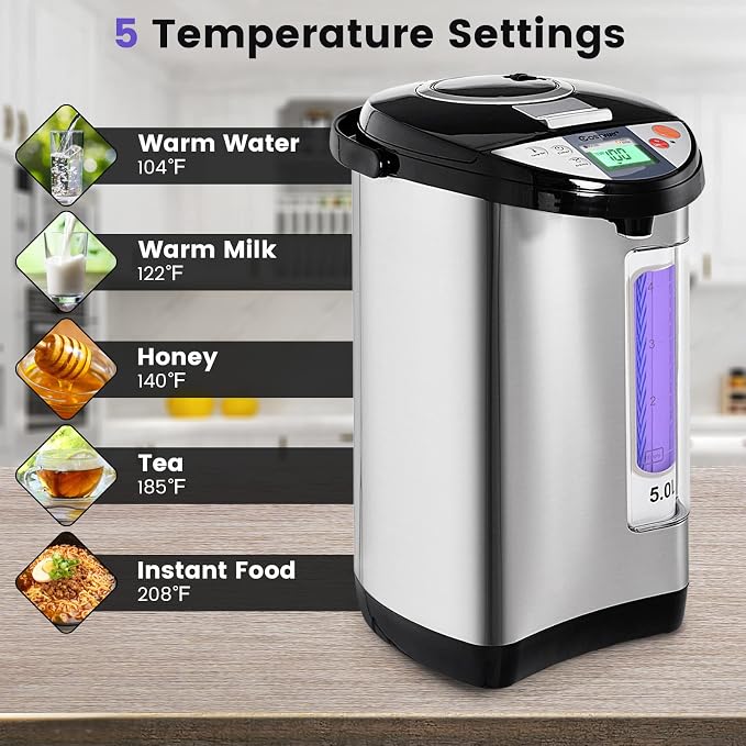 COSTWAY Instant Electric Hot Water Boiler and Warmer | 5-Liter LCD Water Pot with 5 Stage Temperature Settings, Safety Lock to Prevent Spillage, Stainless Steel Hot Water Dispenser