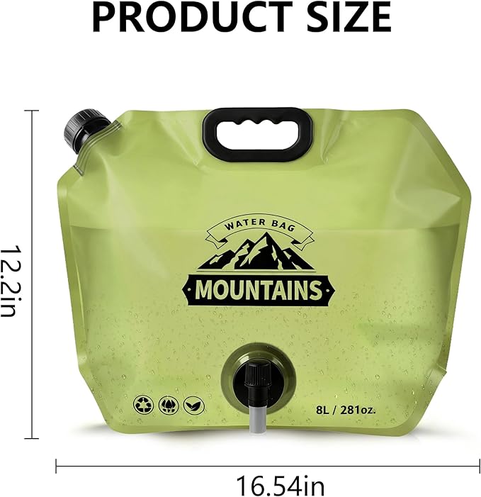 Collapsible 8L Water Storage Bag, BPA-Free Portable Folding Water Jug with Adjustable Faucet, Leakproof Emergency Water Bag for Camping, Hiking, Riding, Outdoor Sport (2, Green)