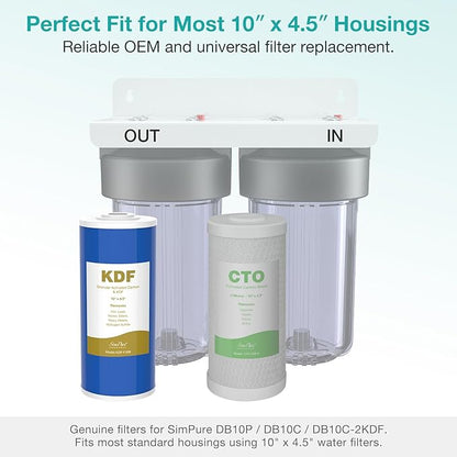 SimPure Whole House Water Filter Cartridges 10" x 4.5" GAC/KDF Carbon and Heavy Metal Filter, for DB10C-2KDF, DB10P, WGB21B-KS, FG15B-KS, GE FXHTC, GXWH40L, 4 Pack