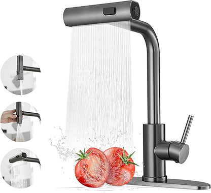 Kitchen Faucets with Pull Down Sprayer,Waterfall Kitchen Sink Faucet,Commercial Utility Stainless Steel Kitchen Faucets,Single Handle Kitchen Sink Faucet with Pull Down Sprayer for 3 Function,Grey