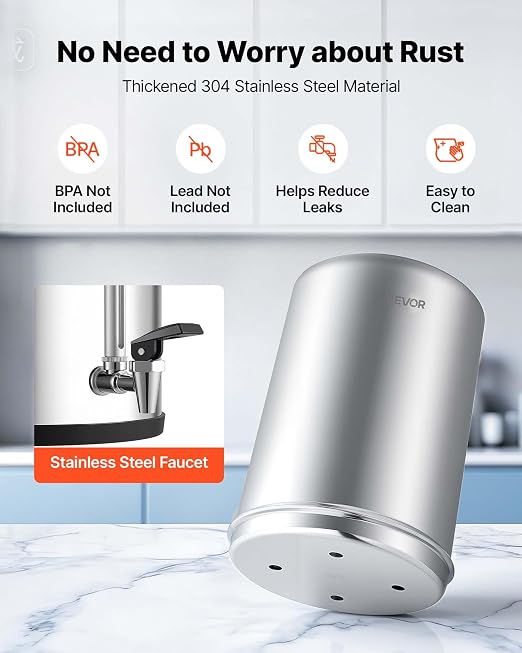 VEVOR Gravity-fed Water Filter System, 3.25G 304 Stainless-Steel Countertop Water Filtration System, Reduces Lead and up to 99% of Chlorine, with 2 Carbon Filters, Water Level Spigot, for Home Camping