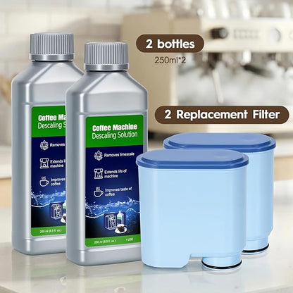 Aquaclean Water Filter Compatible with Philips AquaClean(2 Pack),Universal Liquid Descaler(250MLx 2) For Fully Automatic Coffee Machines