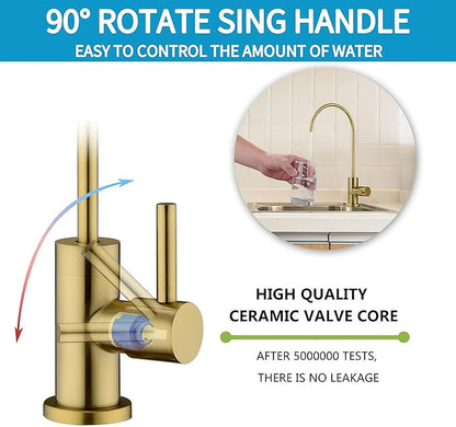Brass RO Faucet - 360° Swivel Drinking Water Faucet for Kitchen Sink, Lead-Free Water Filter Faucet Compatible with Reverse Osmosis & Under Sink Filtration Systems, Elegant Brushed Gold Finish