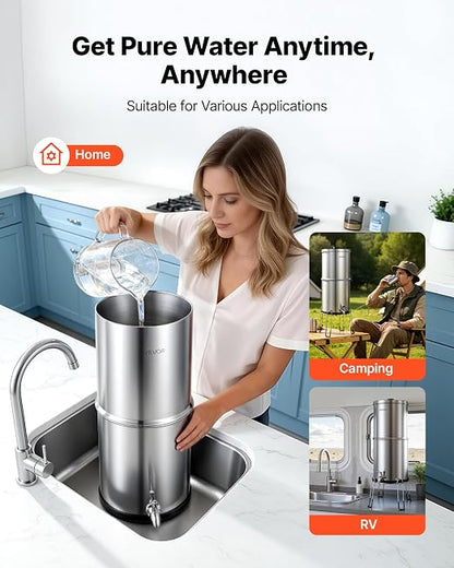 VEVOR Gravity-fed Water Filter System, 2.25G 304 Stainless-Steel Countertop Water Filtration System, Reduces Lead and up to 99% of Chlorine, w/ 2 Carbon Filter, 2 Defluorination Filter, Spigot, Stand