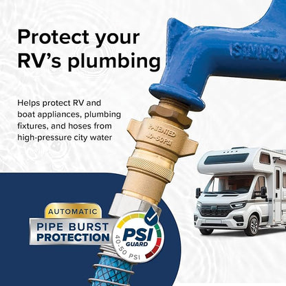 Camco Brass Marine/RV Water Pressure Regulator – Protects RV Kitchen Small Appliances, Plumbing & Hoses – Reduces RV Water Pressure to Safe & Consistent 40-50 PSI – Drinking Water Safe (40055)