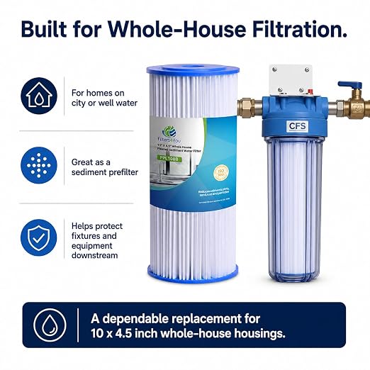 CFS Pleated Sediment Filters for HDX4PF4, 10 x 4.5 in, 30 Micron, 2 Pack | Washable pleats trap sand, silt & rust; also fits ECP20-BB, R30-BB, W15-PR & other Big Blue 10 x 4.5 in housings