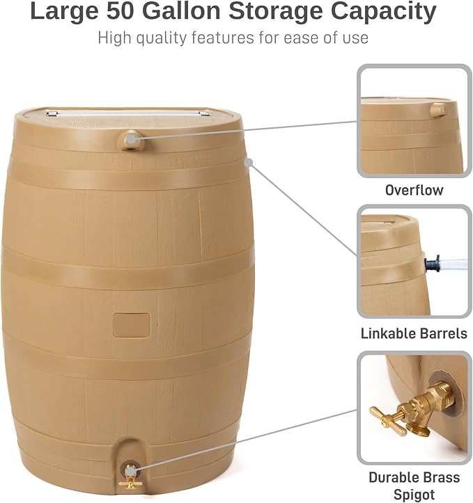 RTS Home Accents 50-Gallon Rain Water Collection Barrel with Brass Spigot, Oak Color