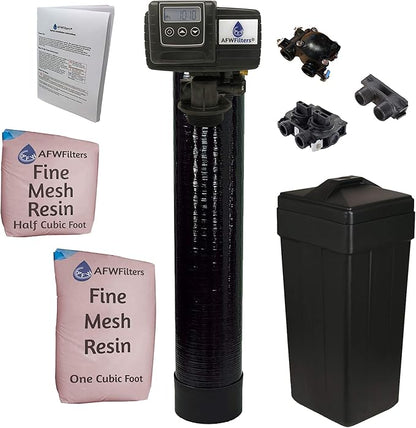 AFWFilters 1.5 Cubic Foot (48k) Whole Home Iron Pro Water Softener with Fine Mesh Resin,1" Plastic MNPT Connection, and Black Tanks