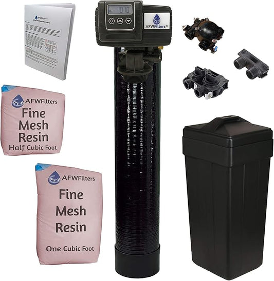 AFWFilters 1.5 Cubic Foot (48k) Whole Home Iron Pro Water Softener with Fine Mesh Resin,1" Plastic MNPT Connection, and Black Tanks