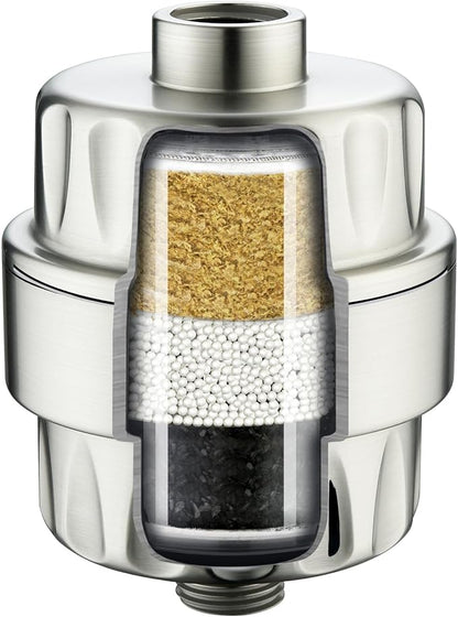 BRIGHT SHOWERS Shower Filter, High Output Shower Head Filter, 3-Stage Filtration for Hard Water & Chlorine Removal, Improves Skin, Hair & Nails, Universal Fit, Brushed Nickel