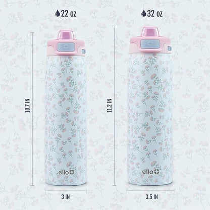 Ello Pop & Fill 32oz Stainless Steel Water Bottle with QuickFill Technology, Double Walled and Vacuum Insulated Metal, Leak Proof Locking Lid, Straw and Chug, Reusable, BPA Free, Serene Bloom