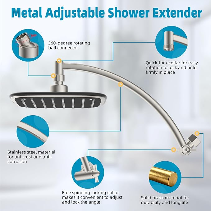 iFealClear Rain Shower Head with 12" Shower Extension Arm, 10" High Pressure Boosting Rainfall Showerhead, All Metal Shower Head Extender Adjustable Height/Angle, 1-Min Installation, Brushed Nickel