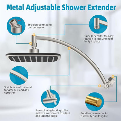 iFealClear Rain Shower Head with 12" Shower Extension Arm, 10" High Pressure Boosting Rainfall Showerhead, All Metal Shower Head Extender Adjustable Height/Angle, 1-Min Installation, Brushed Nickel