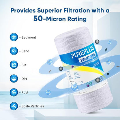 PUREPLUS 50 Micron 10 x 4.5 Whole House String Wound Sediment Filter for Well Water, Replacement Cartridge for 84637, WPX5BB97P, PC10, CW5-BBS, 355215-45, 3Pack