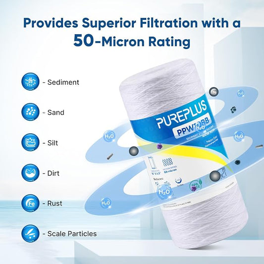 PUREPLUS 50 Micron 10 x 4.5 Whole House String Wound Sediment Filter for Well Water, Replacement Cartridge for 84637, WPX5BB97P, PC10, CW5-BBS, 355215-45, 3Pack