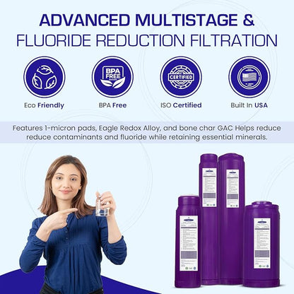 Crystal Quest SMART + Calcium GAC Fluoride Reduction Water Filter Cartridge - 1 Micron - Coconut Shell GAC - Eagle Redox Alloy - Reduces Fluoride & Contaminants - 2-7/8” x 20”