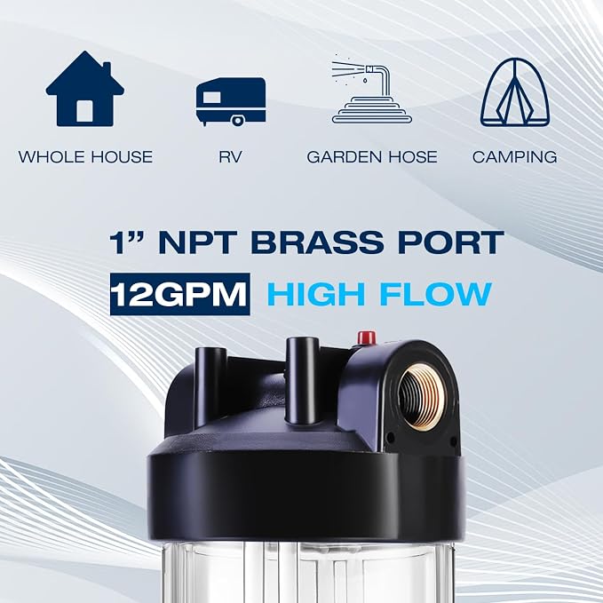 H&G lifestyles Garden Hose Water Filter System for RV Transparent Housing | 4.5 x 10 PP Cotton Cartridge Pre-Filter, Fresh Drinking Water for RV Campers, 30,000 Gallons