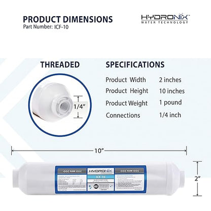 Hydronix ICF-10 RO Reverse Osmosis Post Polishing, Fridge and Ice Inline Coconut GAC Water Filter, 2000 Gal, 1/4" NPT