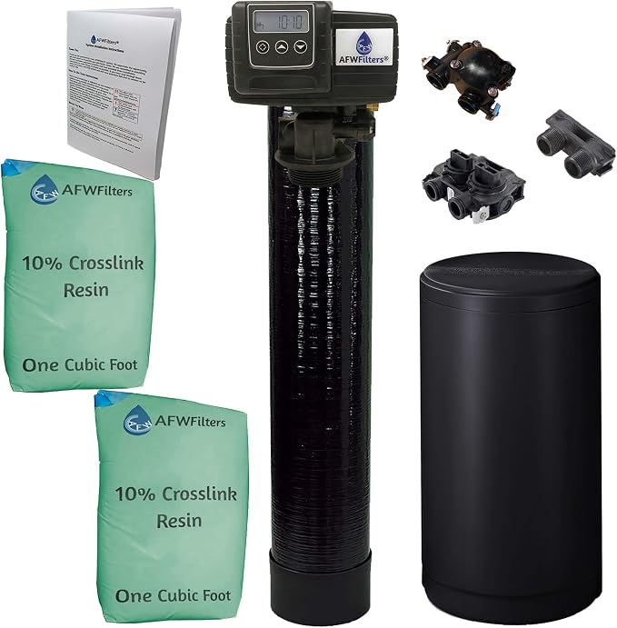 AFWFilters 2 cubic Foot (64k) Whole Home Water Softener with Durable 10% Crosslink Resin, 1" Plastic MNPT Connection, and Black Tanks