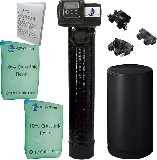 AFWFilters 2 cubic Foot (64k) Whole Home Water Softener with Durable 10% Crosslink Resin, 1" Plastic MNPT Connection, and Black Tanks