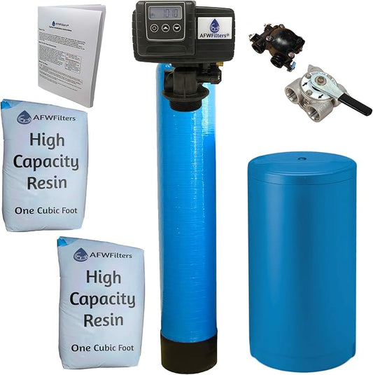 AFWFilters 2 cubic Foot (64k) Whole Home Water Softener with High Capacity Resin, 3/4" Stainless Steel FNPT Connection, and Blue Tanks