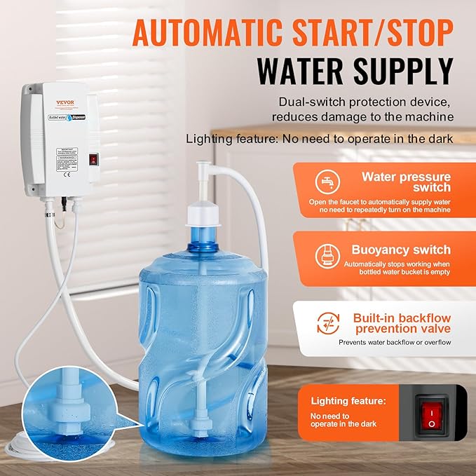 VEVOR Bottled Water Dispenser Pump System, 5 Gallon Dispensing System, Automatic Electric Water Dispenser, Single Inlet Water Jug Pump, Compatible Use with Coffee/Tea Machine, Refrigerator, Ice Maker