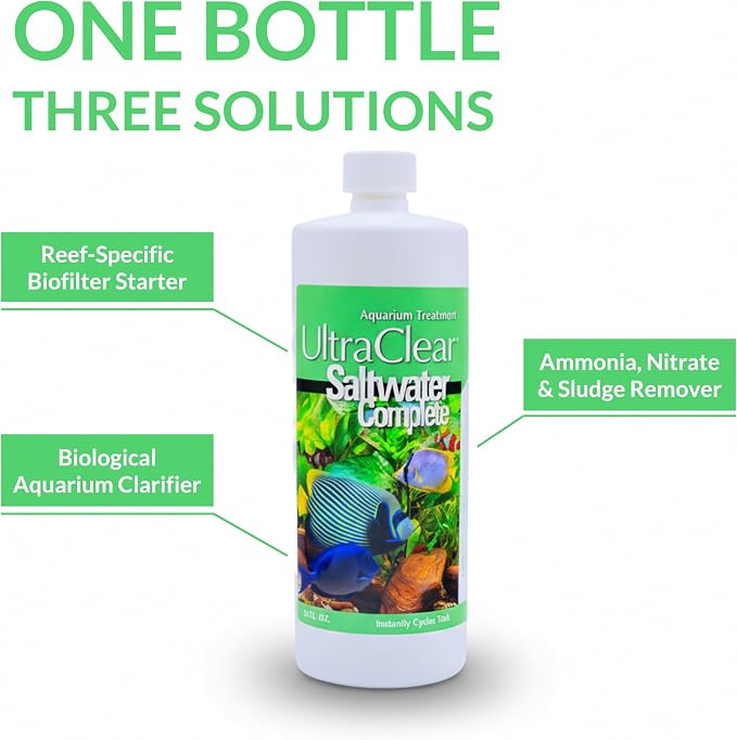 Saltwater Complete – Live Nitrifying Bacteria Blend for Saltwater & Reef Aquariums - Instant Cycle Marine Tank Starter - Removes Ammonia Nitrite - Clarifier - Safe for Fish Coral Invertebrates - 32oz