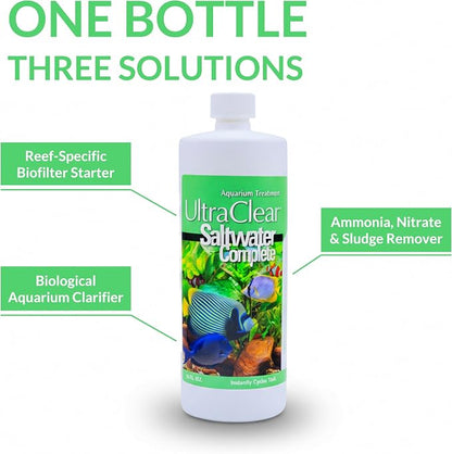 Saltwater Complete – Live Nitrifying Bacteria Blend for Saltwater & Reef Aquariums - Instant Cycle Marine Tank Starter - Removes Ammonia Nitrite - Clarifier - Safe for Fish Coral Invertebrates - 32oz